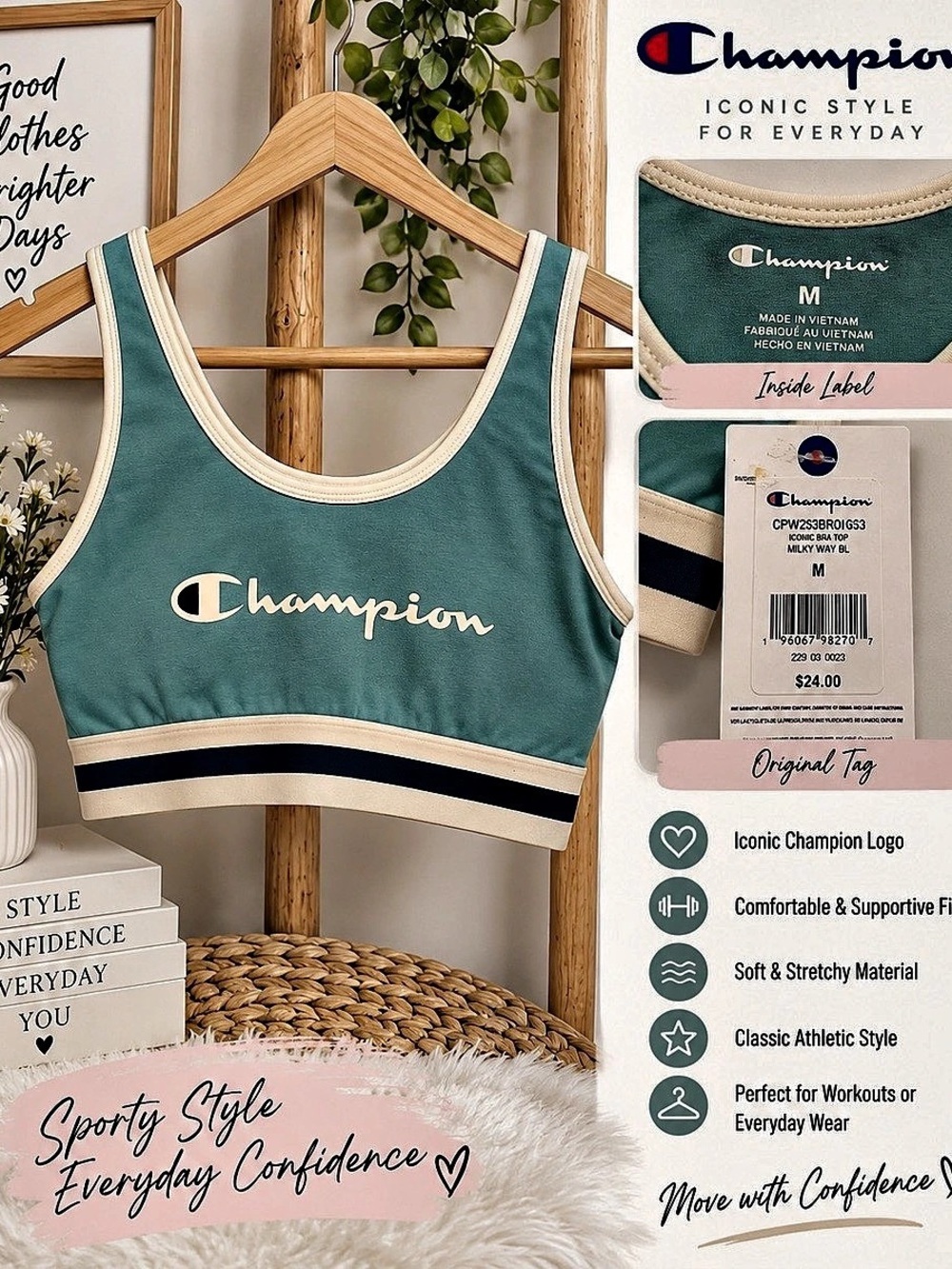 Champion Iconic Bra Top Crop Top in Green & White Size Medium NWT